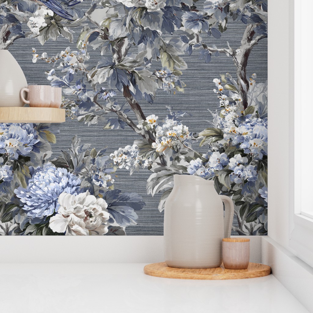 Willowcrest Chinoiserie Wallpaper In Muted Blue on Blue-Charcoal Grasscloth